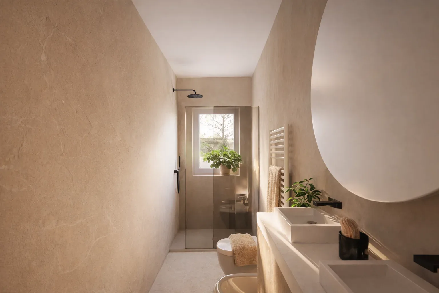Bagno con specchio rotondo, lavabo e finestra sul fondo