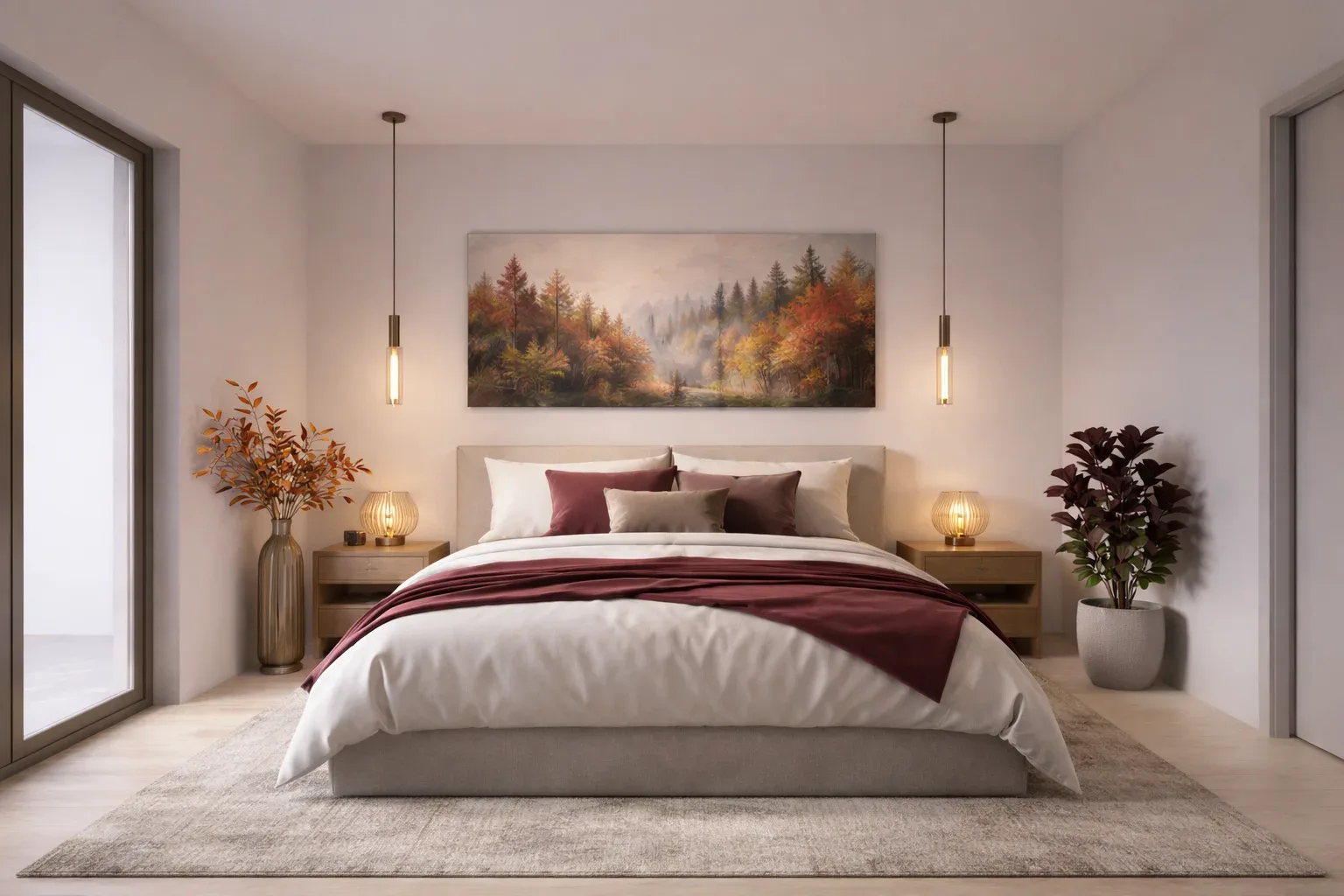 Camera matrimoniale con quadro sopra il letto, comodini e luce naturale