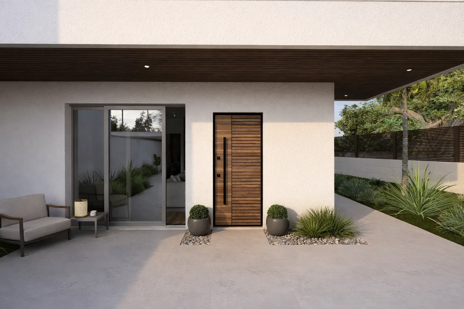 Ingresso residenziale con porta in legno, vetrata e piccolo spazio verde