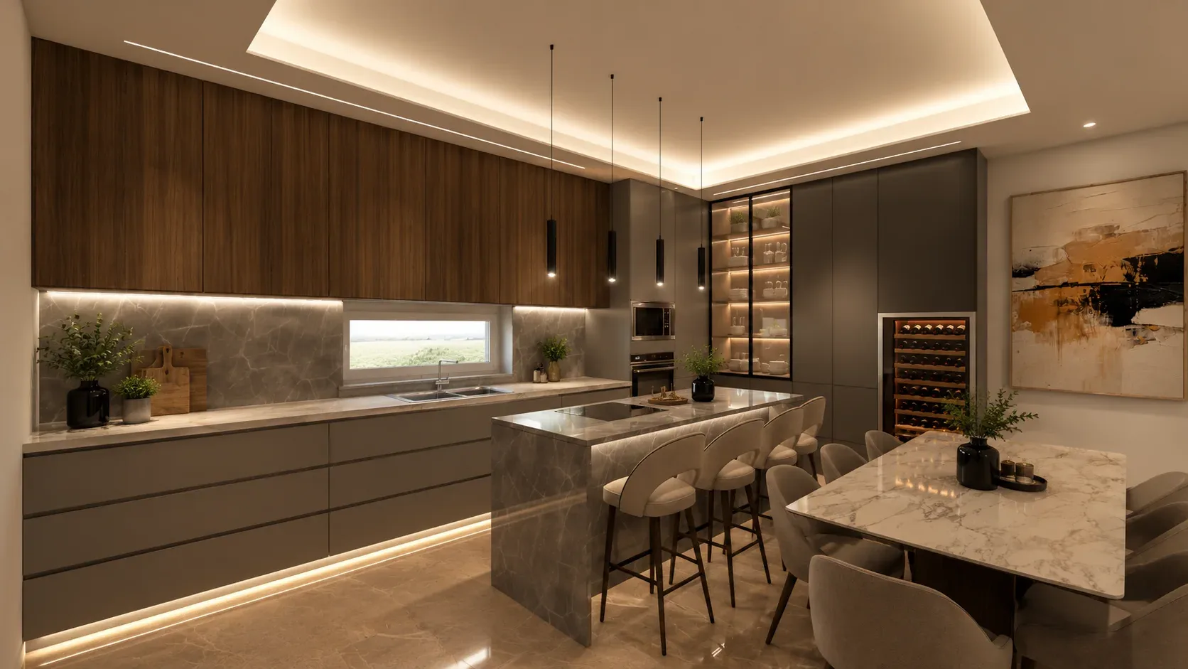Cucina contemporanea con rivestimento in legno, penisola e illuminazione integrata