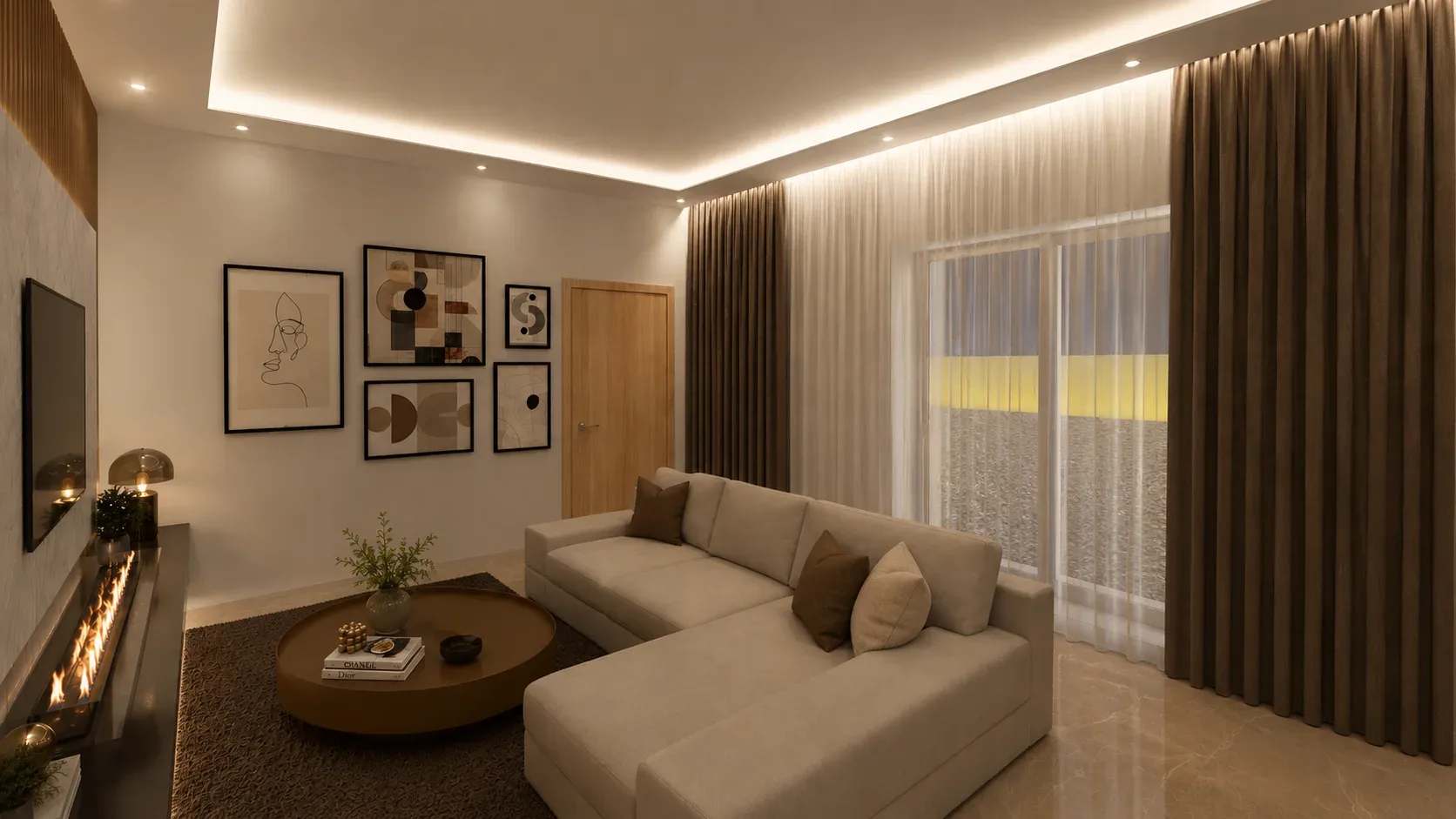 Render finale del soggiorno, con arredi e illuminazione