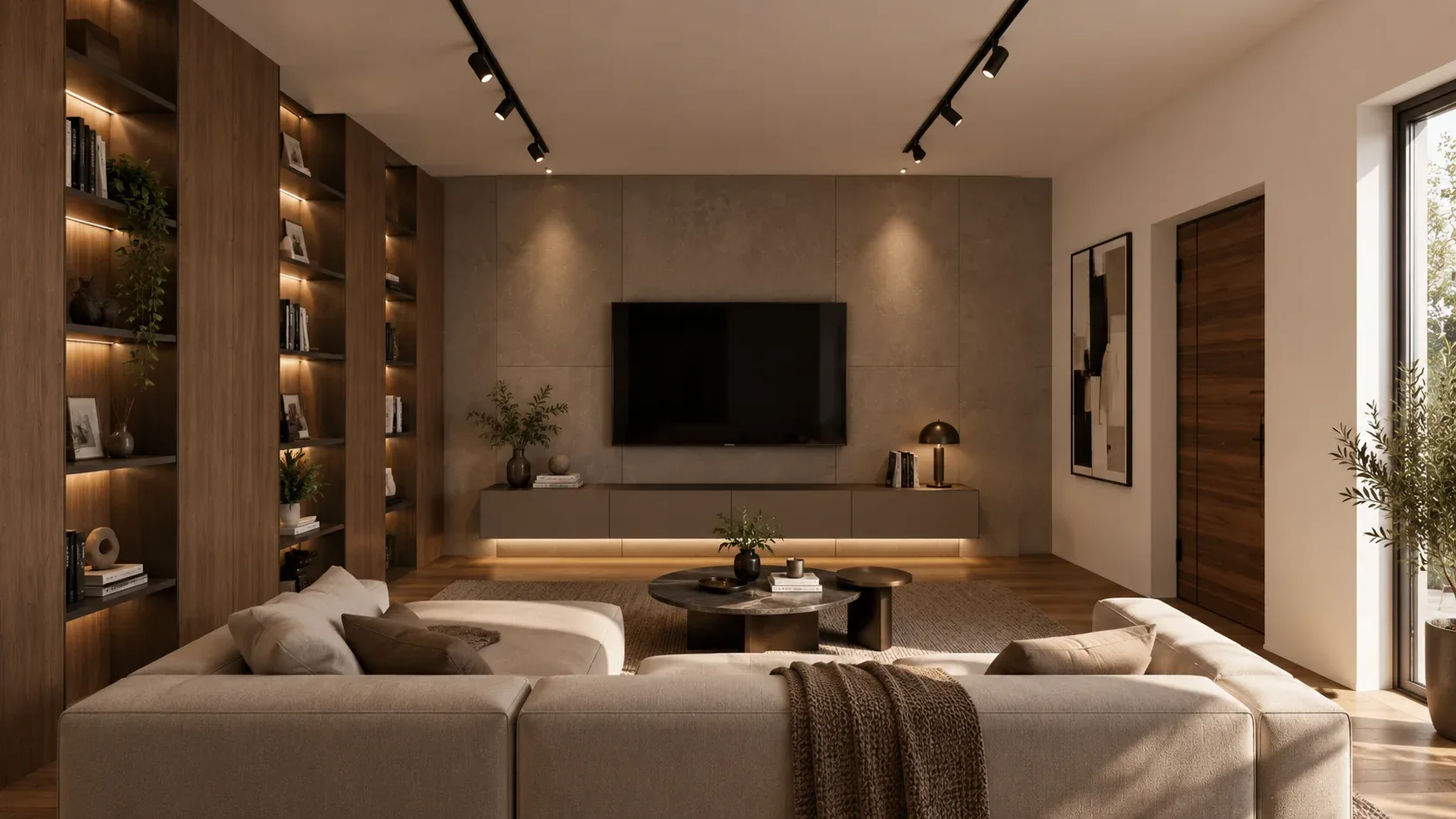 Soggiorno con divano, parete TV e faretti su binari a soffitto