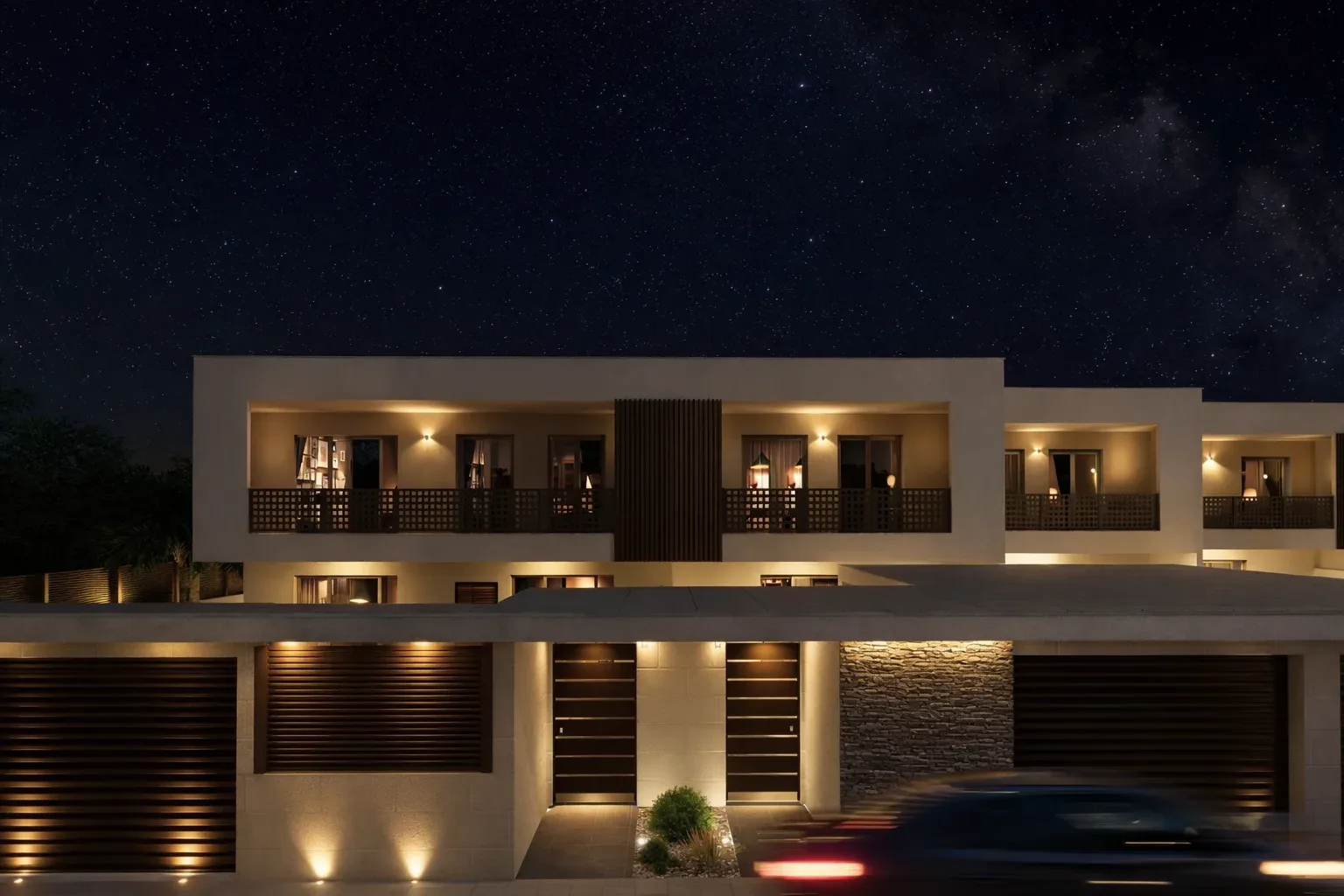 Render serale di complesso residenziale con illuminazione delle facciate