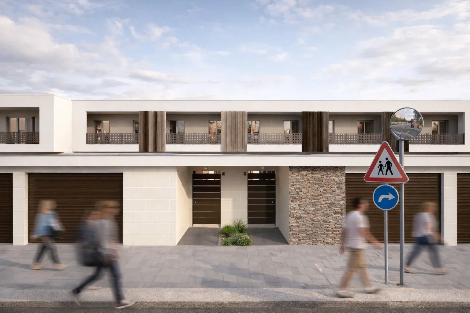 Edificio residenziale contemporaneo visto dalla strada con passanti sfocati