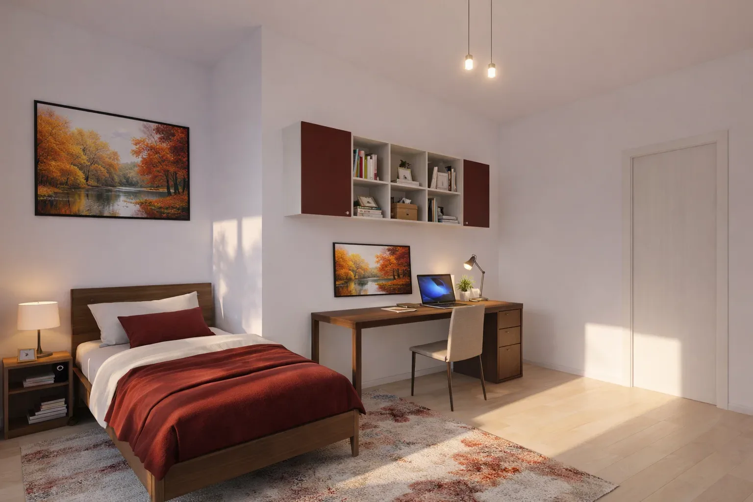 Camera singola con letto, scrivania in legno e mensole a parete